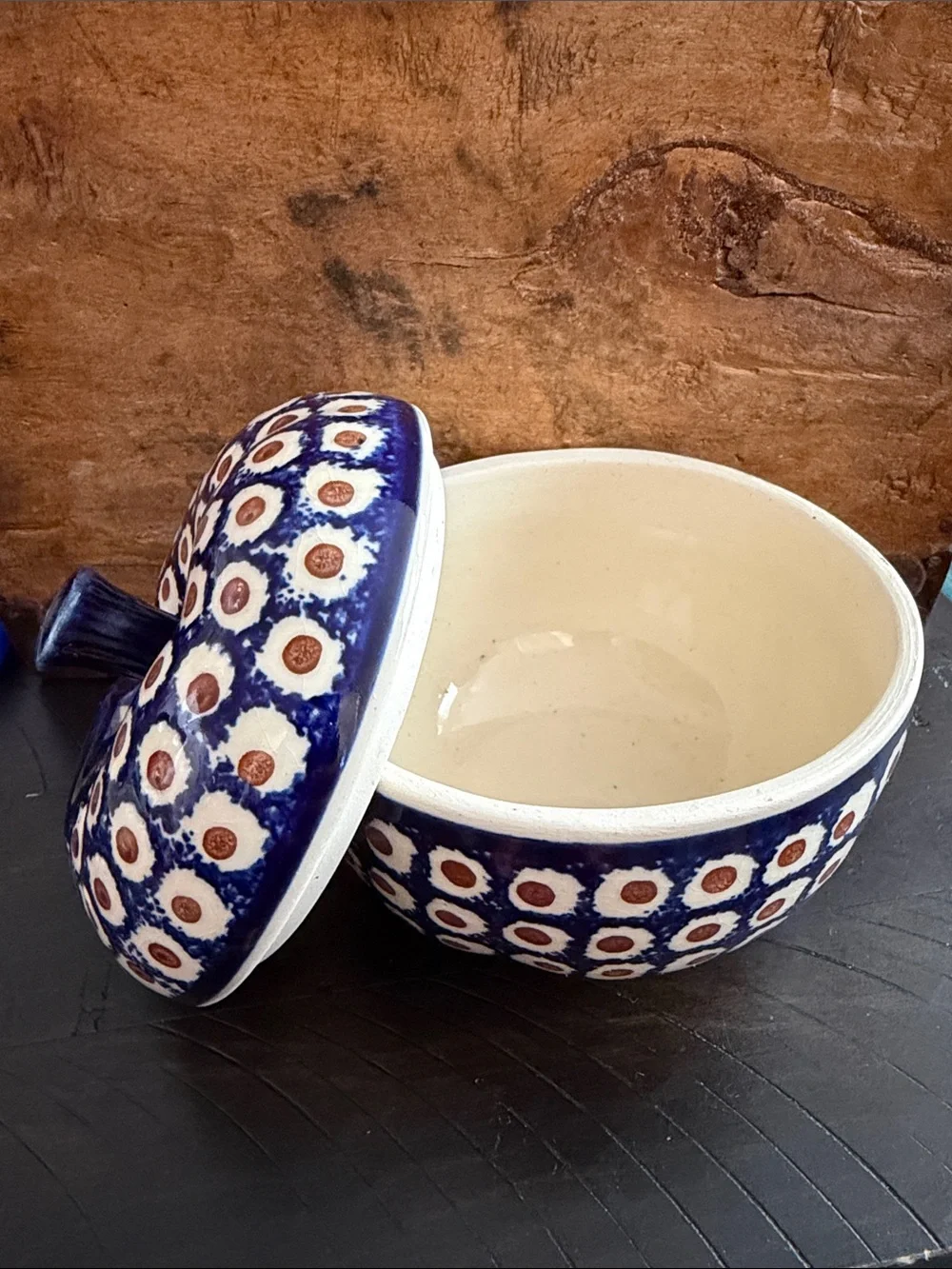 Hand-Painted Blue & White Ceramic Lidded Polish Apple Bakers Pair